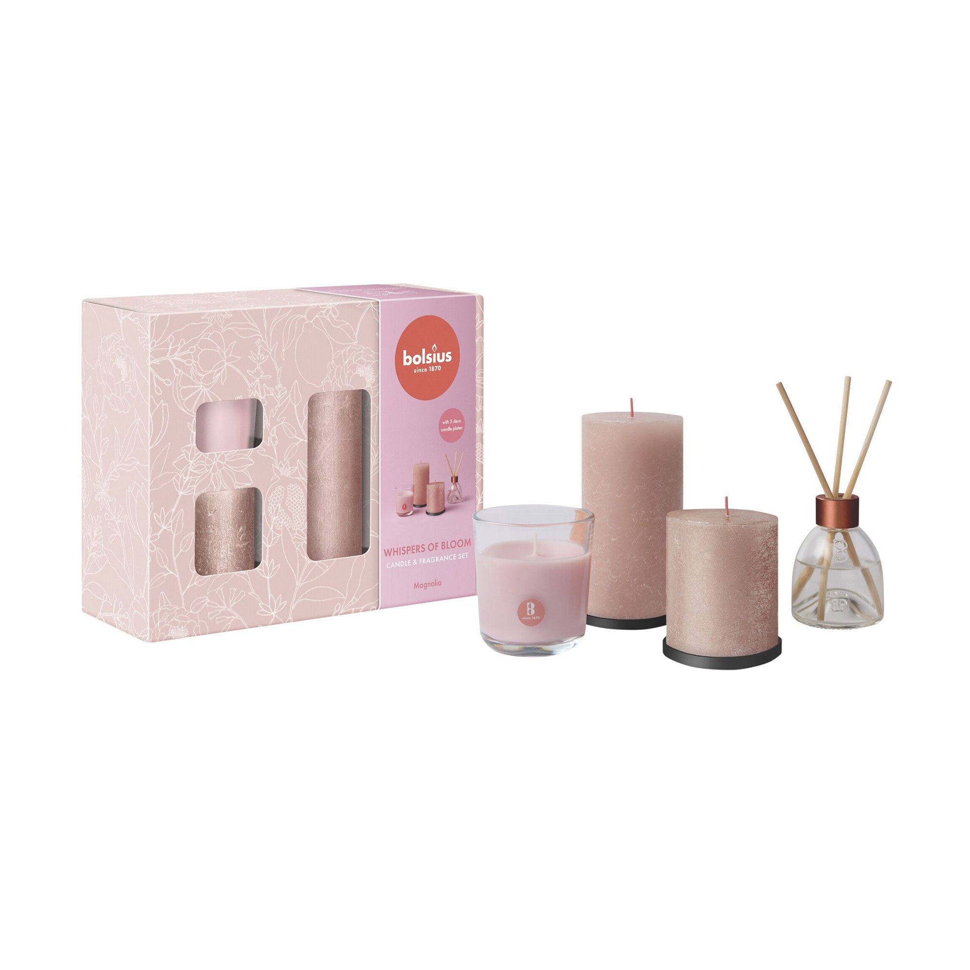 Уцінка! Подарунковий набір Bolsius Whispers Of Bloom Magnolia (циліндричні свічки Rustic, 2 шт + ароматична свічка в склянці, 1 шт + аромадифузор, 60 мл)